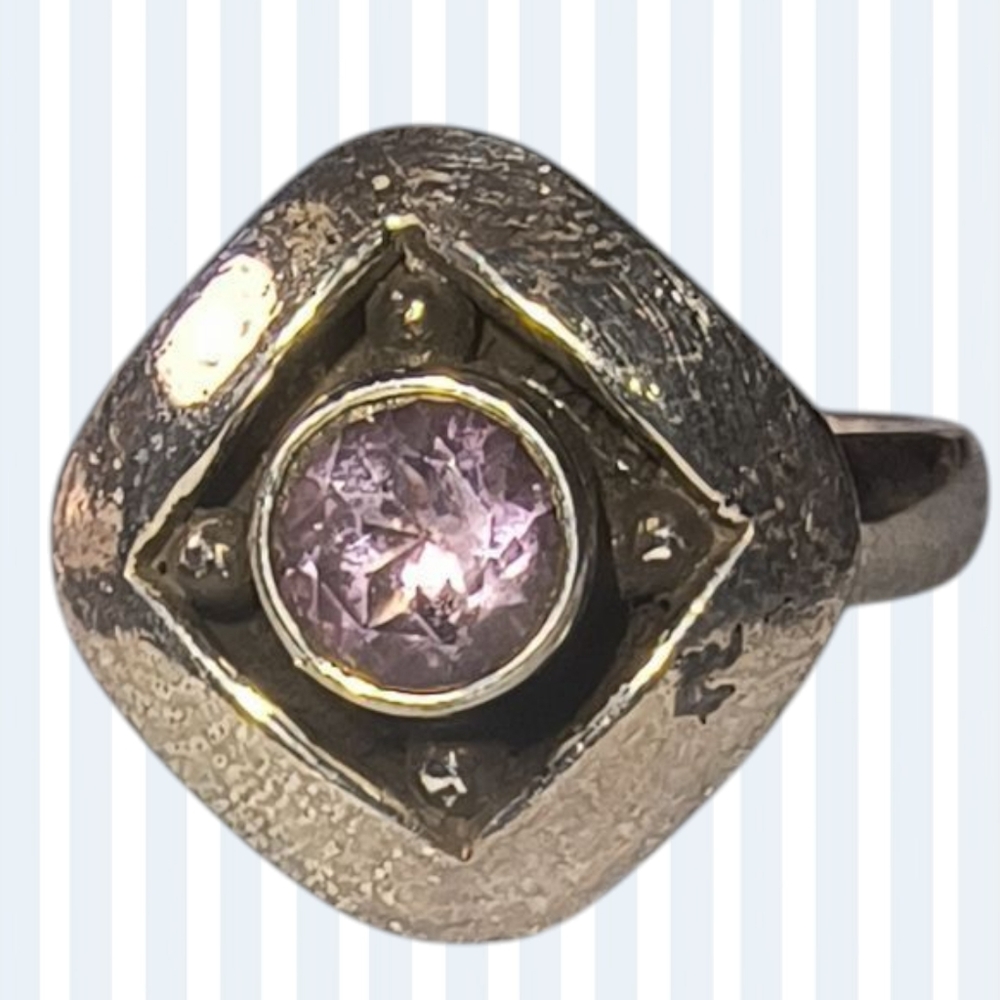 Amethyst And Sterling Silver Geometric Artisan Ring Brand New